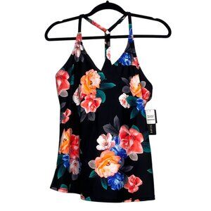 Island Escape Tankini Top Sz 8 Black Floral‎ Underwire T-Back NEW
